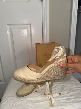 Castaner Neutral Canvas Espadrille Wedge with Ankle Tie